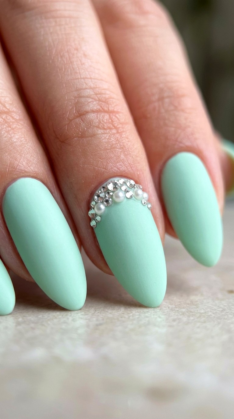 Matte Mint Green with D Gem Embellishments - 21 Matte Spring Multicolor Nails