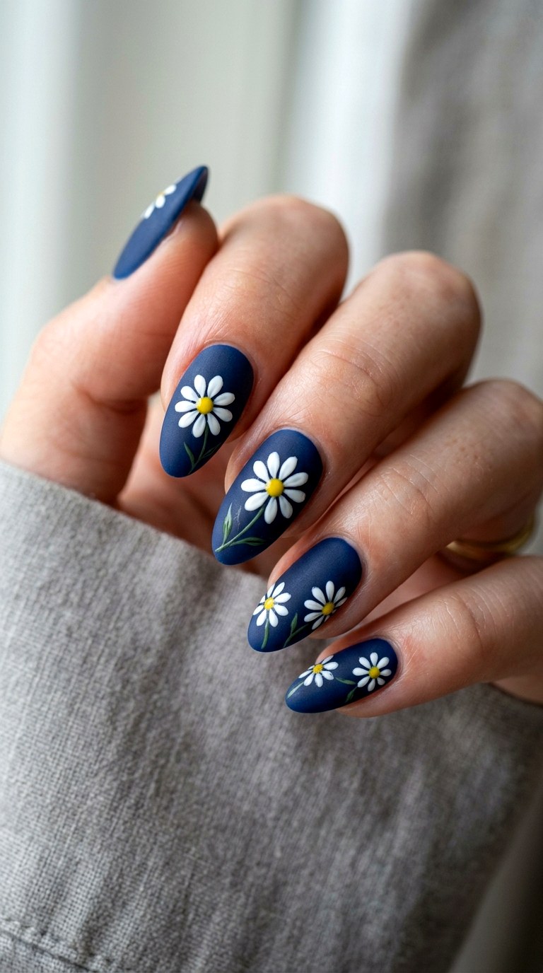Matte Navy with Daisies - 27 Cute Spring Color Street Nails