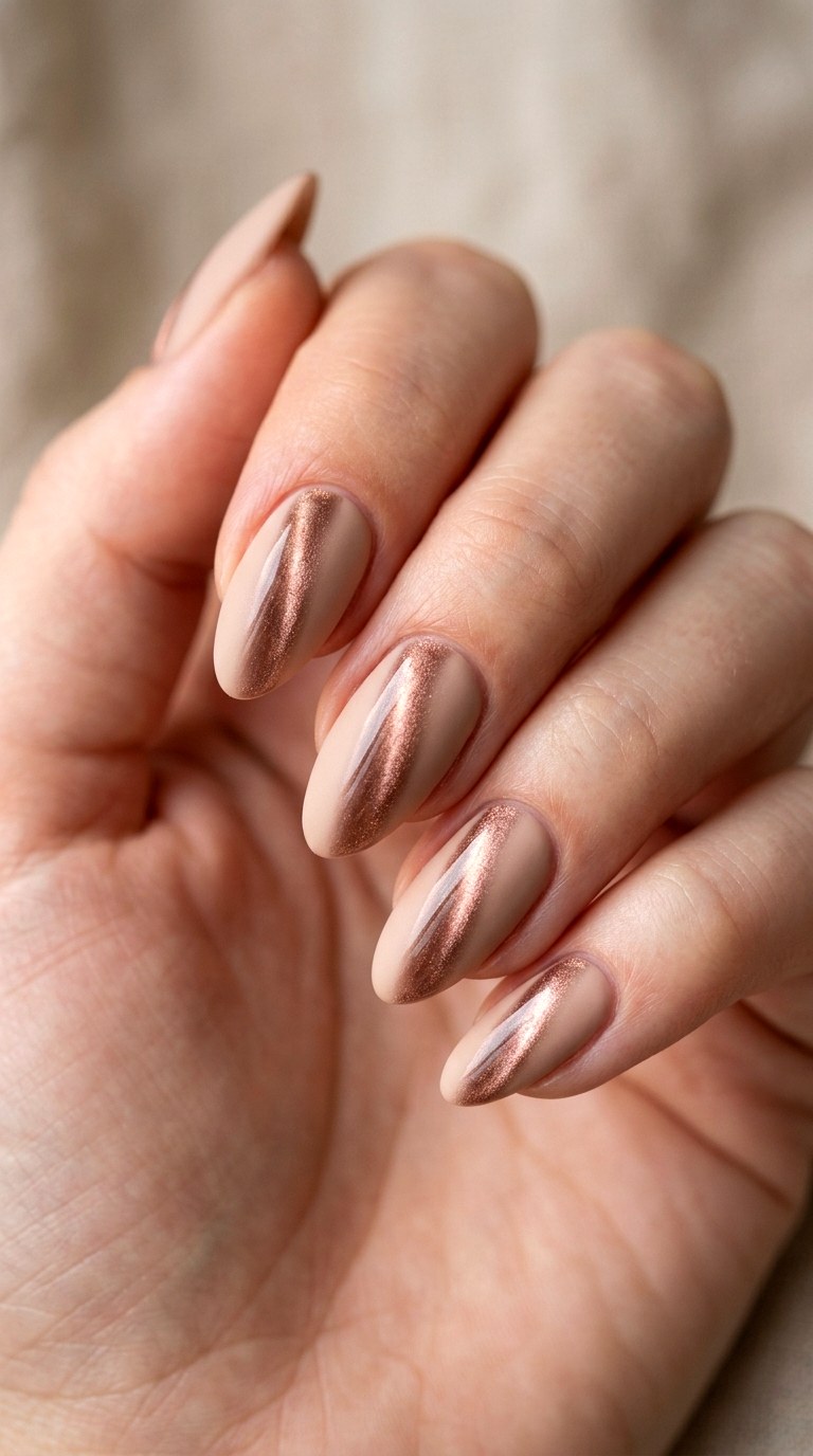 Matte Nude with Glossy Cat Eye Contrast - 24 Summer Nude Base Cat Eye Nails Ideas