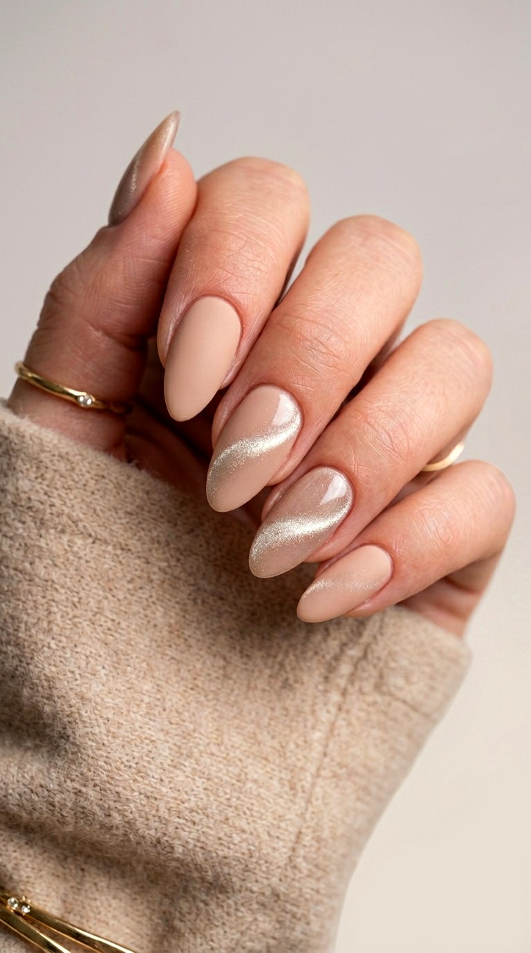 Matte Nude with Glossy Cat Eye Effect - 20 Spring Nude Base Cat Eye Nails Ideas