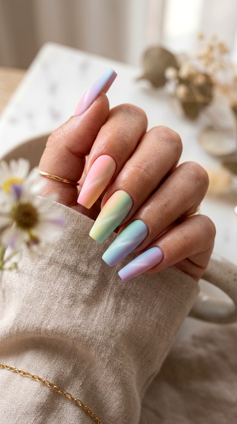Matte Pastel Rainbow Cat Eye Nails - 20 Summer Pastel Rainbow Cat Eye Nails Ideas