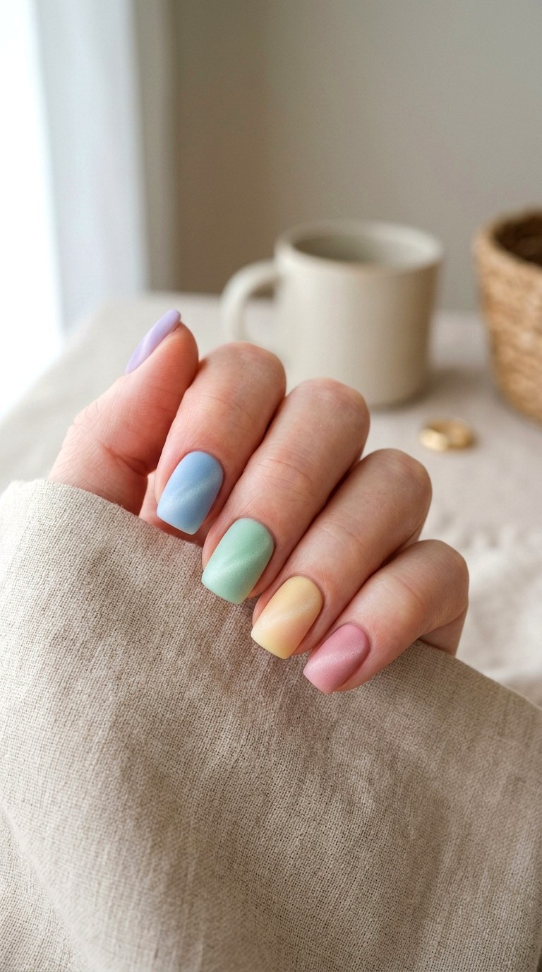 Matte Pastel Rainbow Cat Eye Nails - 20 Spring Pastel Rainbow Cat Eye Nails Ideas