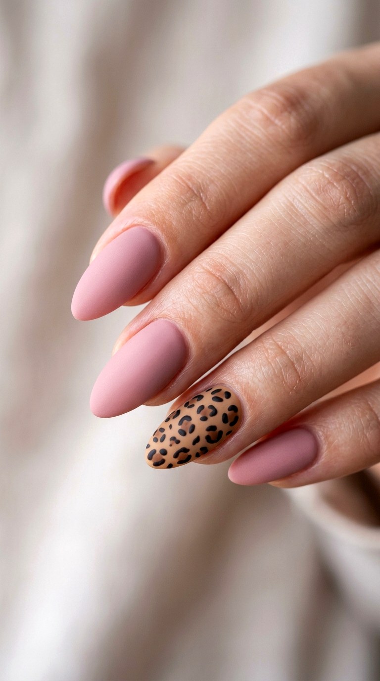Matte Pink Leopard Print Accent - 22 Pink Spring Acrylic Nails