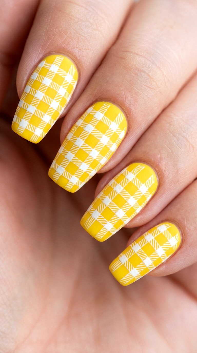 Matte Sunshine Yellow with Gingham Print - 21 Matte Spring Multicolor Nails