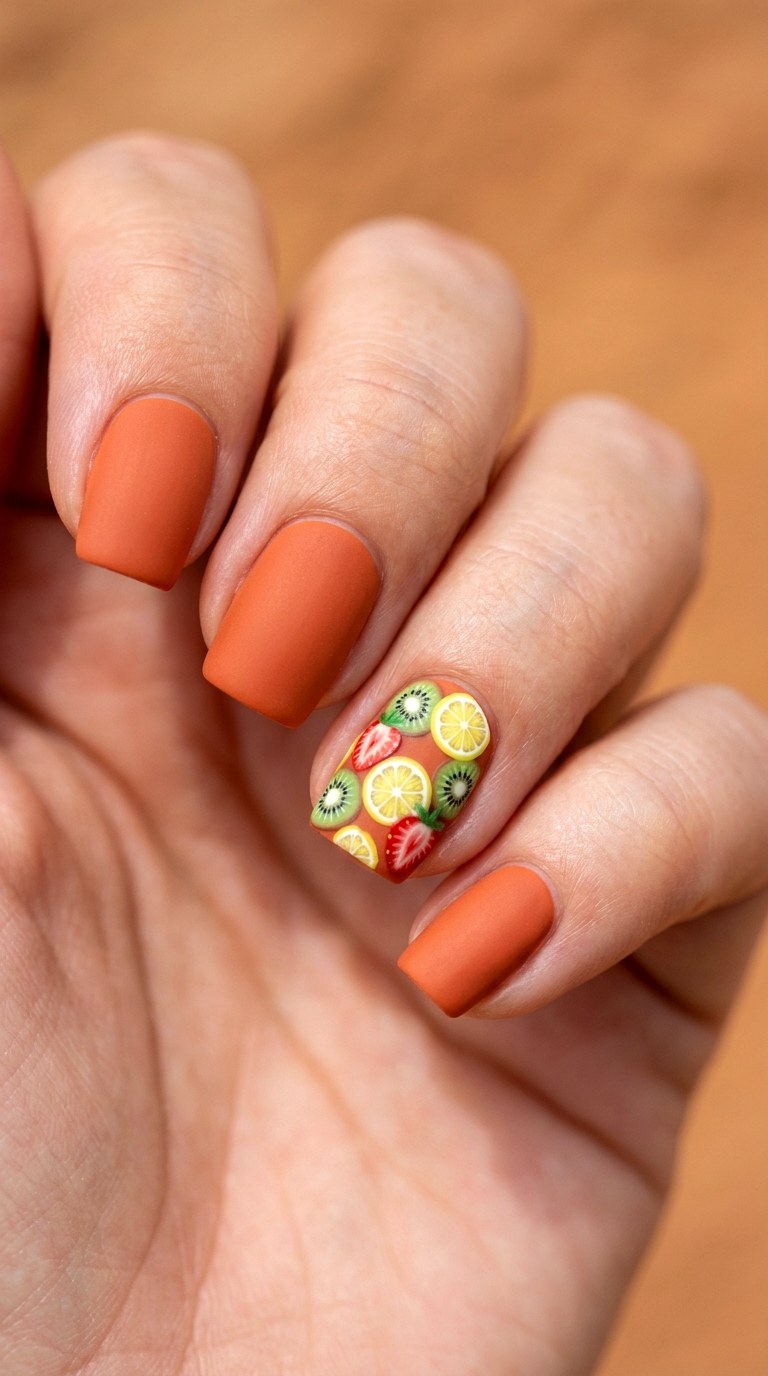 Matte Terracotta Base with Micro Fruit Art - 21 Matte Spring Multicolor Nails
