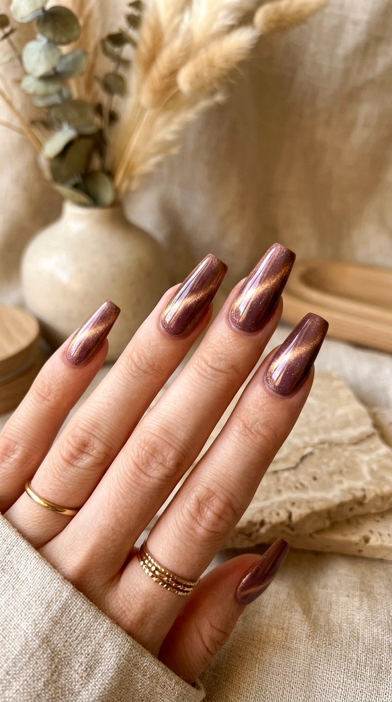 Mauve and Bronze Cat Eye - 20 Spring Dual-Tone Magnetic Cat Eye Nails Ideas