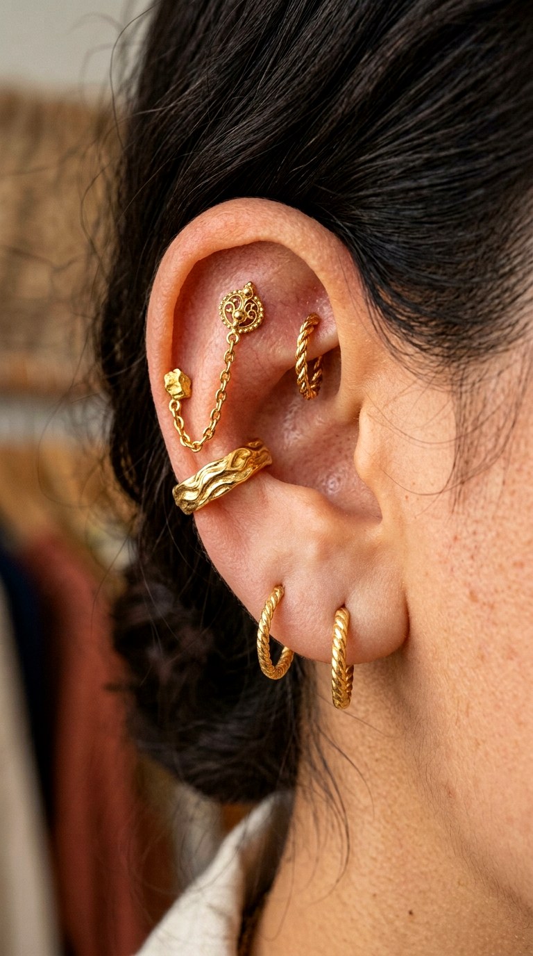 Maximalist Embellished Wall Gold Earnings - 27 earring stacks gold