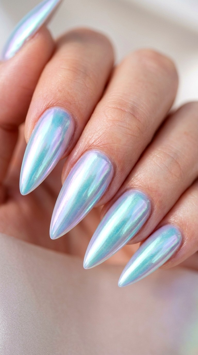 Mermaid Aqua Shimmer - 21 Chrome Spring Stiletto Nails