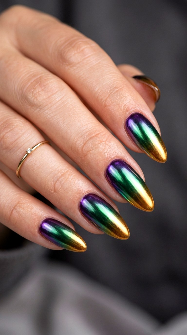 Metallic Gradient Chrome Almonds - 29 Festive Spring Multicolor Acrylic Nails