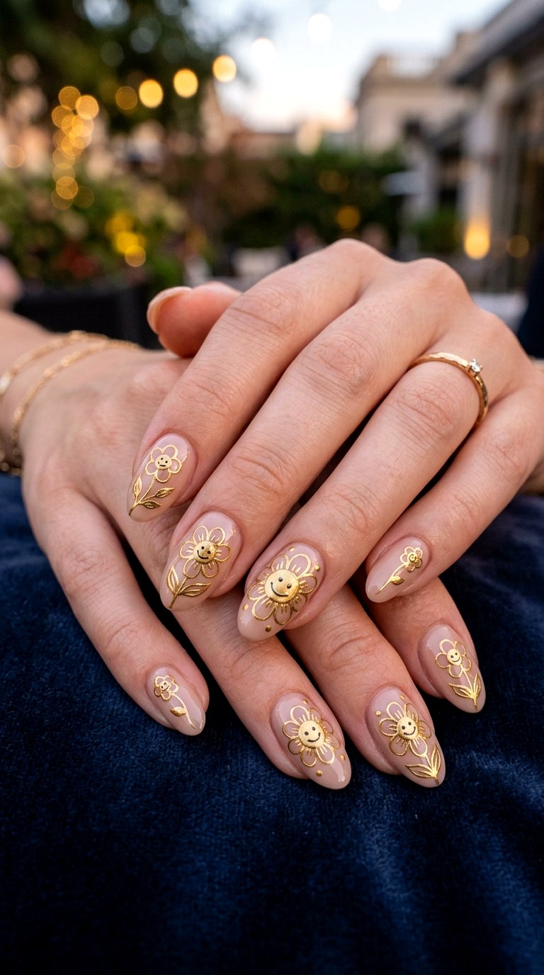 Metallic Outline Flower Nails - 20 Summer Happy Flower Cartoon Nails Ideas