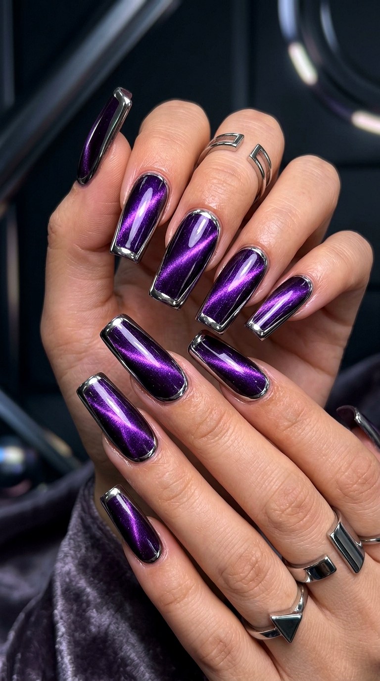 Metallic Purple Cat Eye with Bold Chrome Outline - 22 Summer Chrome Outline Cat Eye Nails Ideas