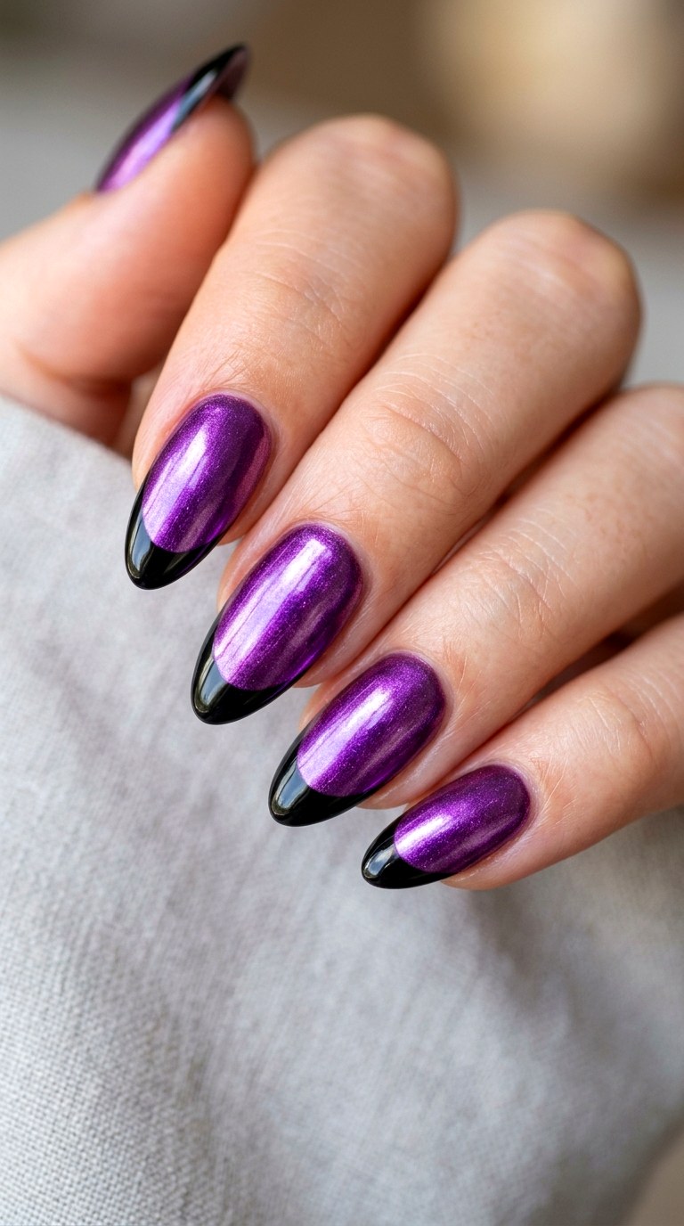 Metallic Purple with Black French Tips - 21 Unique Spring Multicolor Acrylic Nails