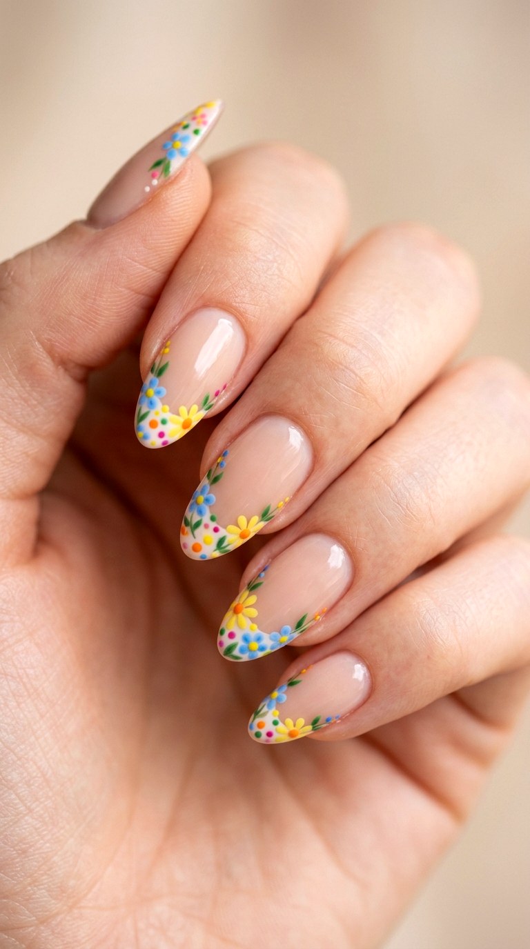Micro Floral French Tips - 29 Fun Spring Multicolor Nails