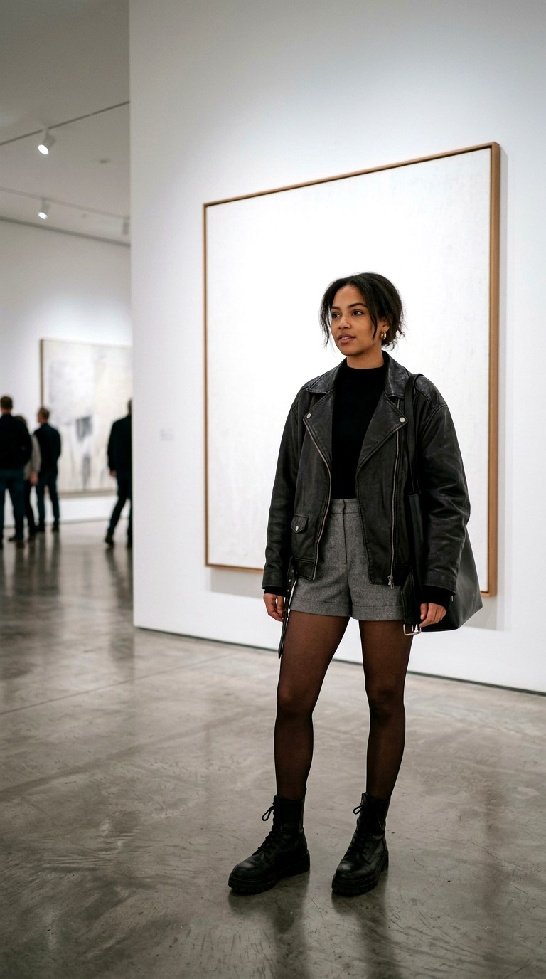 Micro Shorts and Ankle Boots - 27 oversized leather jacket outfits