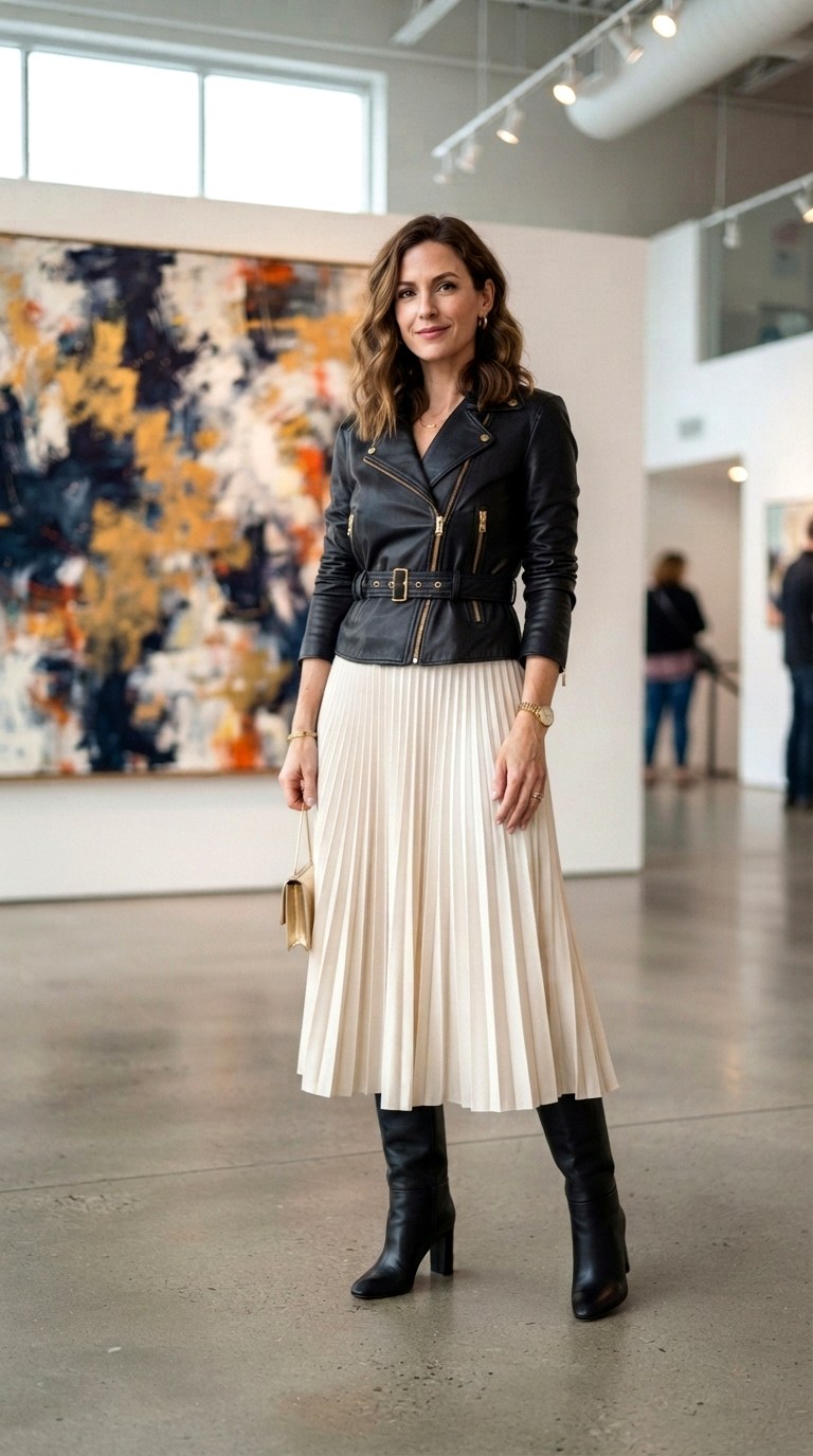Midi Skirt and Knee High Boots - 22 leather jacket outfits women