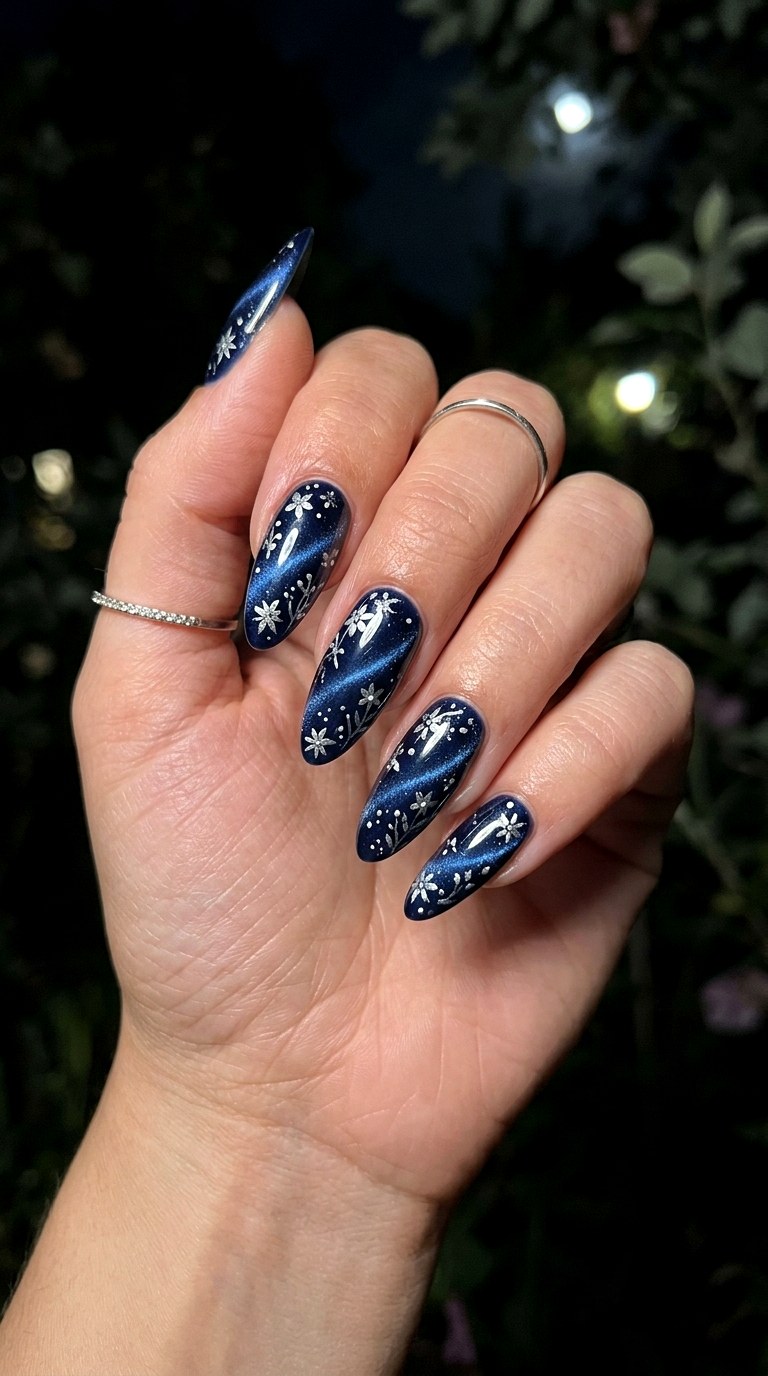 Midnight Blue Floral Cat Eye - 26 Floral Spring Acrylic Nails