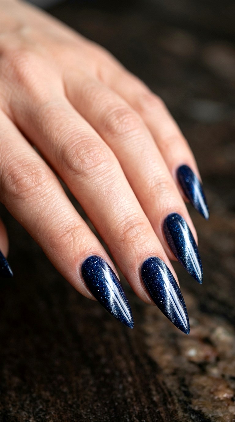 Midnight Cat Eye with Sharp Silver Edge - 21 Edgy Spring Stiletto Nails