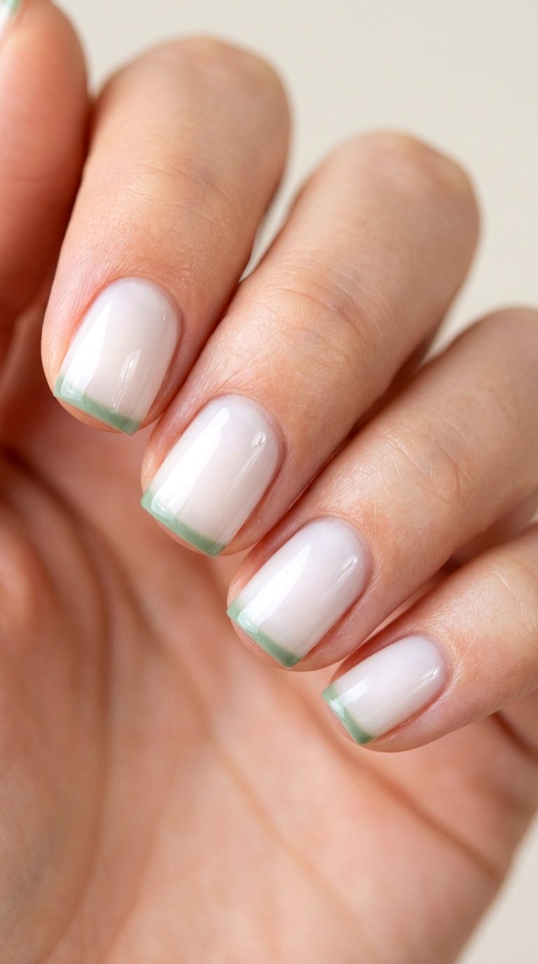 Milk Bath with Sage Green Tips - 22 Minimalist Spring Two Colored Nails
