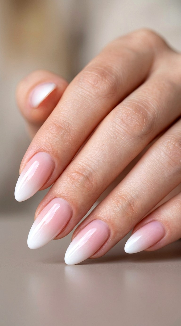 Milky Blush Fade on Almond Nails - 23 Soft Spring Ombre Nails