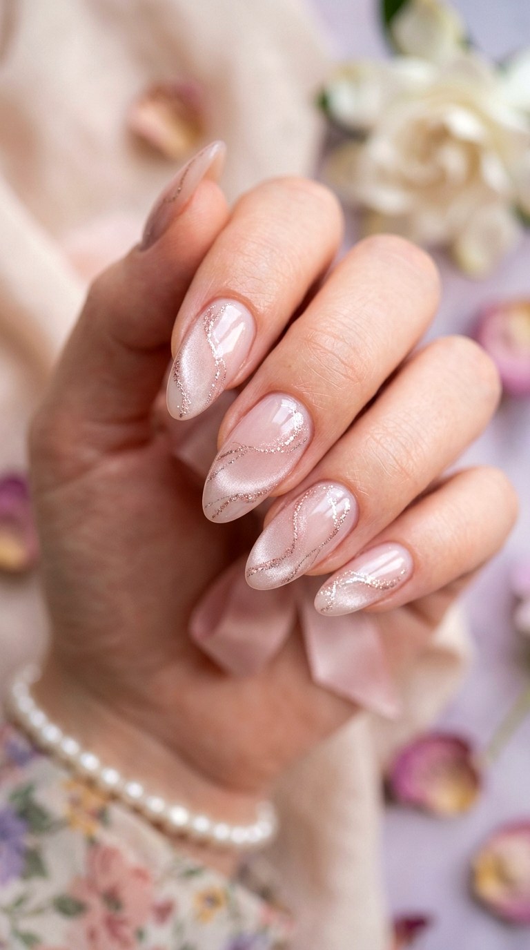 Milky Blush with Glitter Veins - 21 Summer Blush Cat Eye Nails with Glitter Ideas