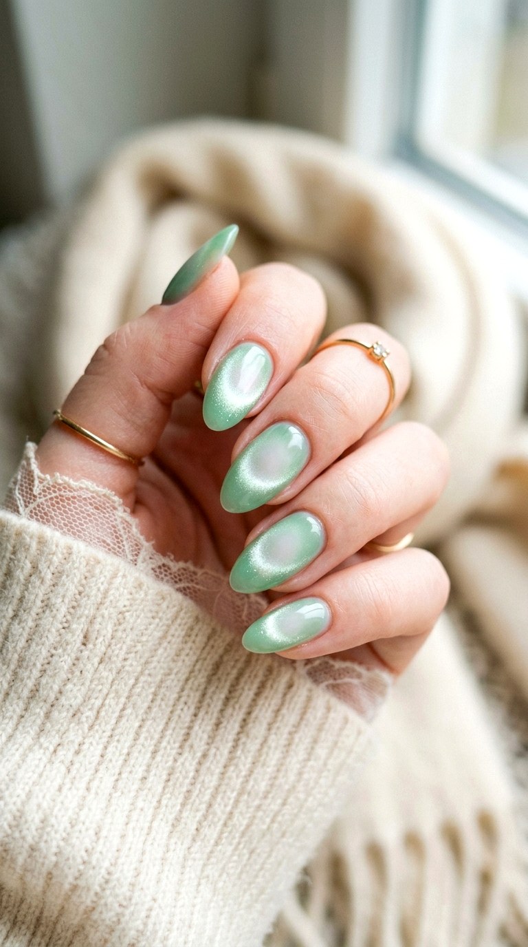 Milky Green Aura Cat Eye Nails - 23 Summer Soft Green Shimmer Cat Eye Nails Ideas