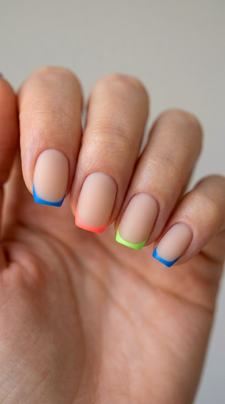 Milky Matte Base with Neon Micro Tips - 21 Matte Spring Multicolor Nails