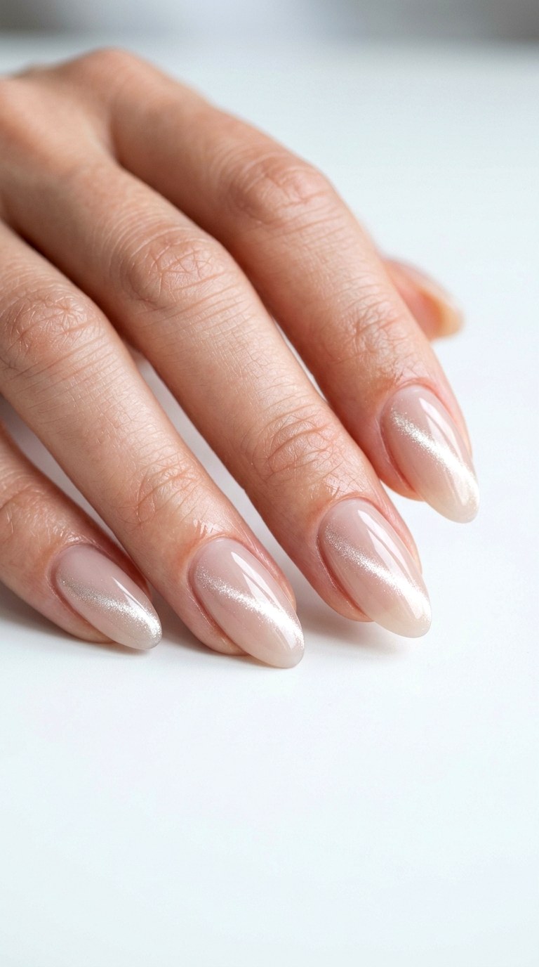 Milky Nude with Diagonal Cat Eye Effect - 24 Summer Nude Base Cat Eye Nails Ideas