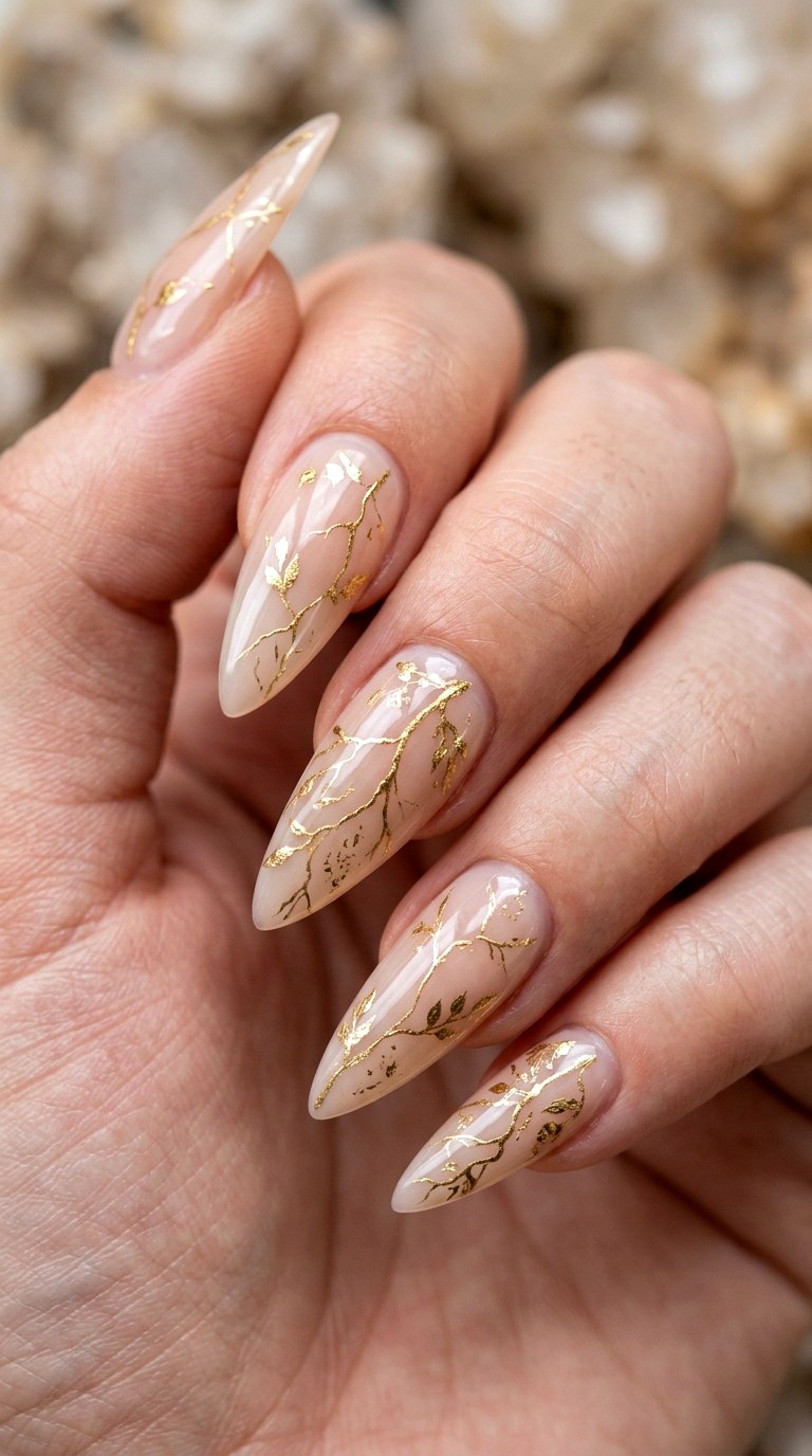 Milky Nude with Gold Botanical Veins - 21 Edgy Spring Stiletto Nails