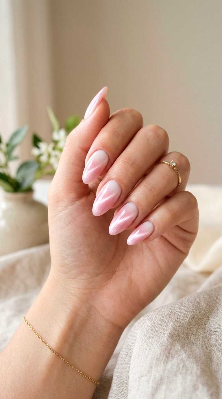 Milky White Base with Pink Magnetic Fade - 21 Summer Pink and White Gradient Cat Eye Nails Ideas