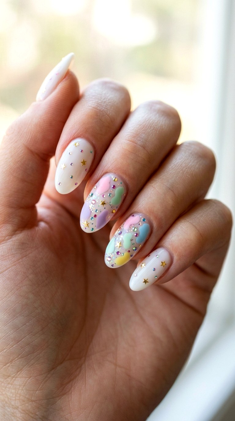 Milky White Base with Rainbow Junk Accents - 23 Contrast Spring Colorful Junk Nails