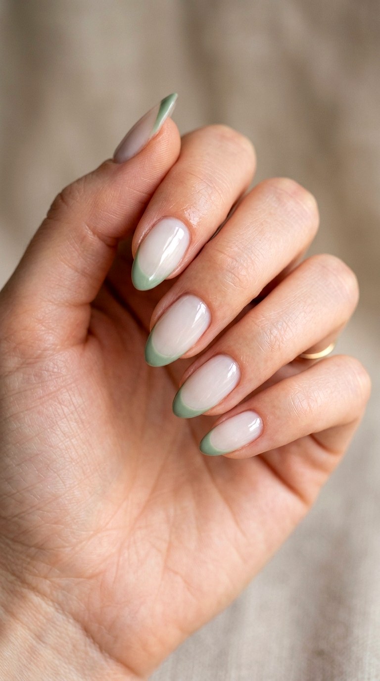 Milky White Base with Sage Green Tips - 24 Classy Spring Two Colored Nails