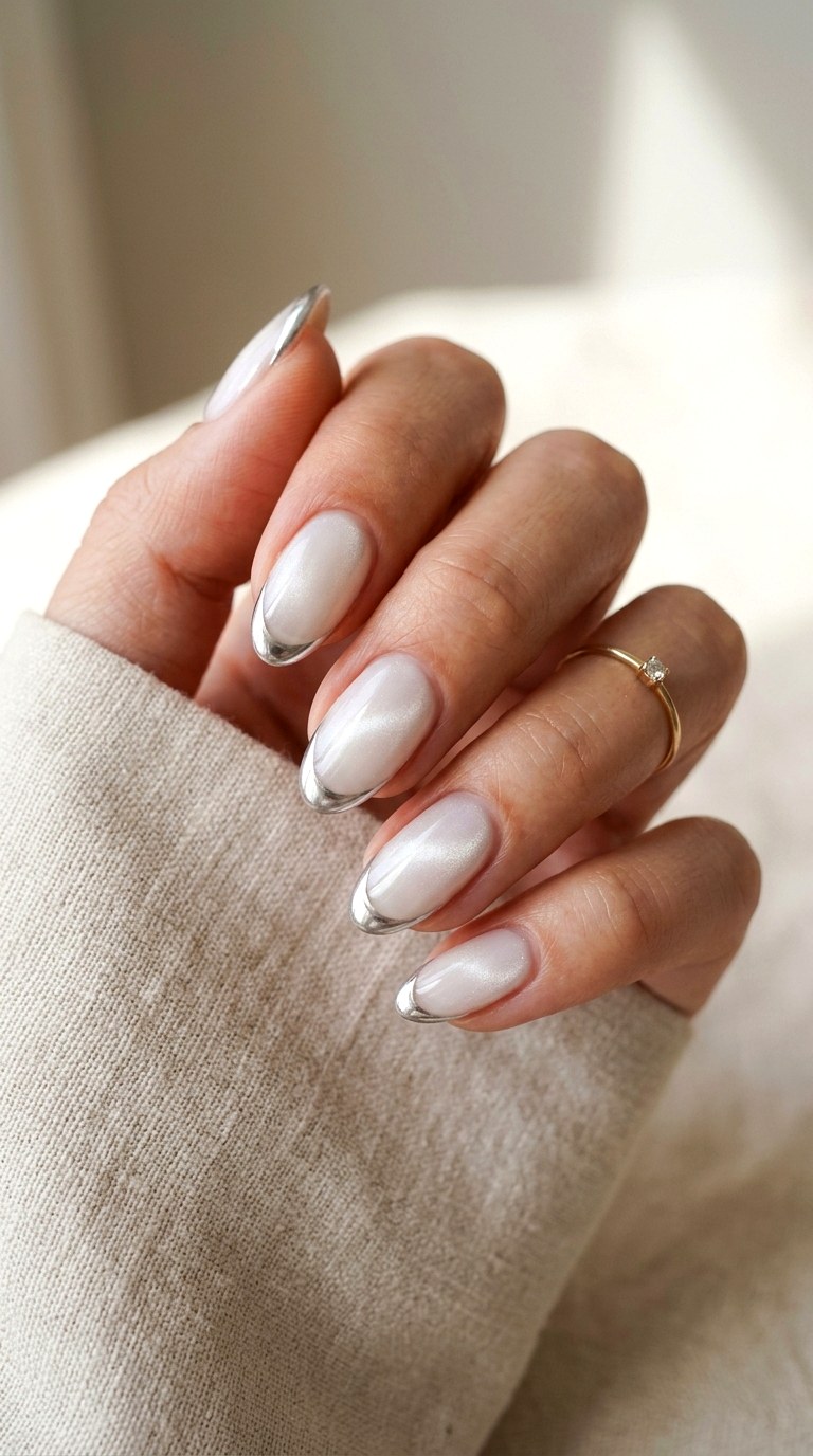 Milky White Cat Eye with Chrome Outline Tips - 22 Summer Chrome Outline Cat Eye Nails Ideas