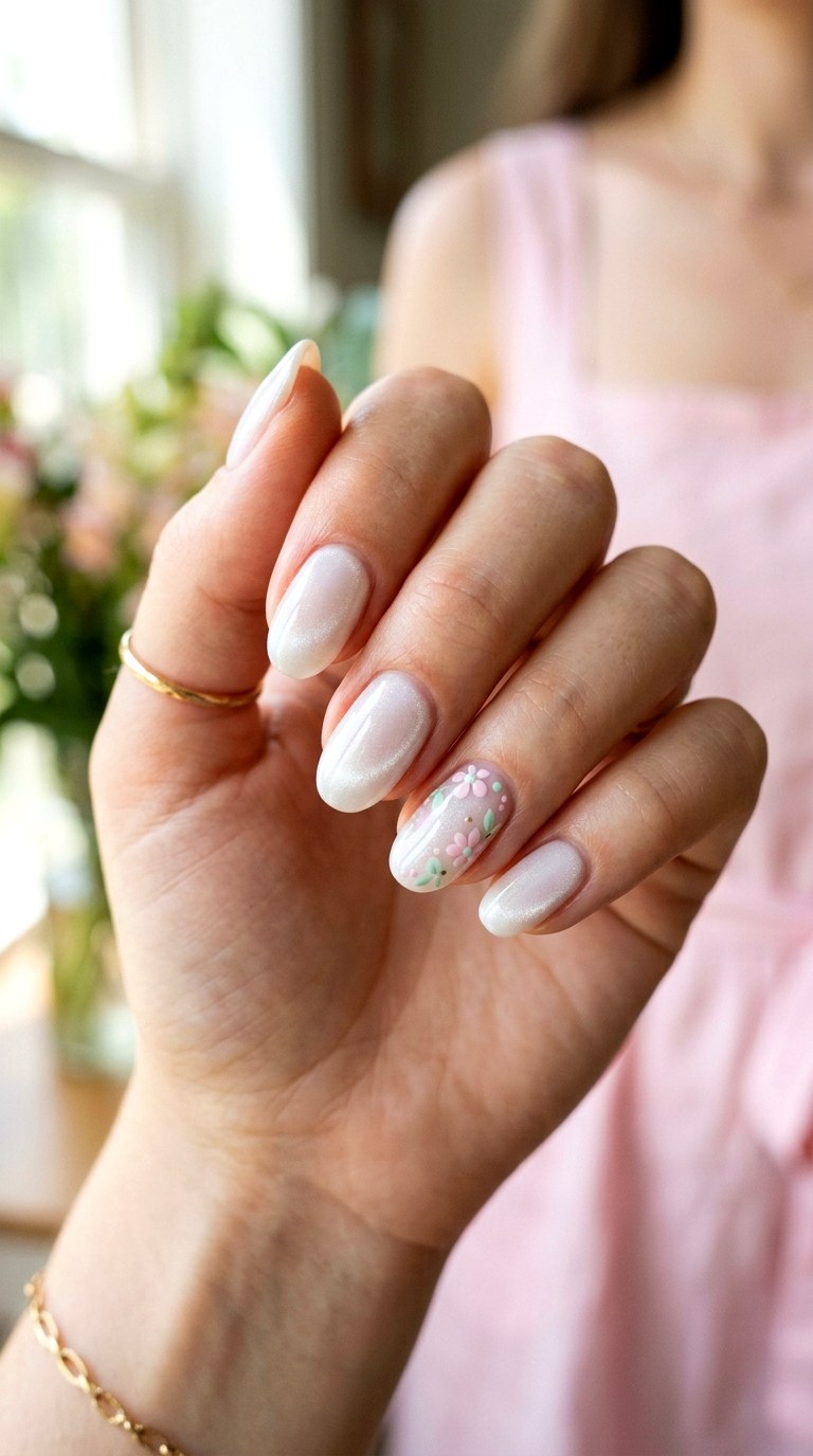 Milky White Cat Eye with Minimal Floral Art - 22 Summer Glossy Floral Cat Eye Nails Ideas