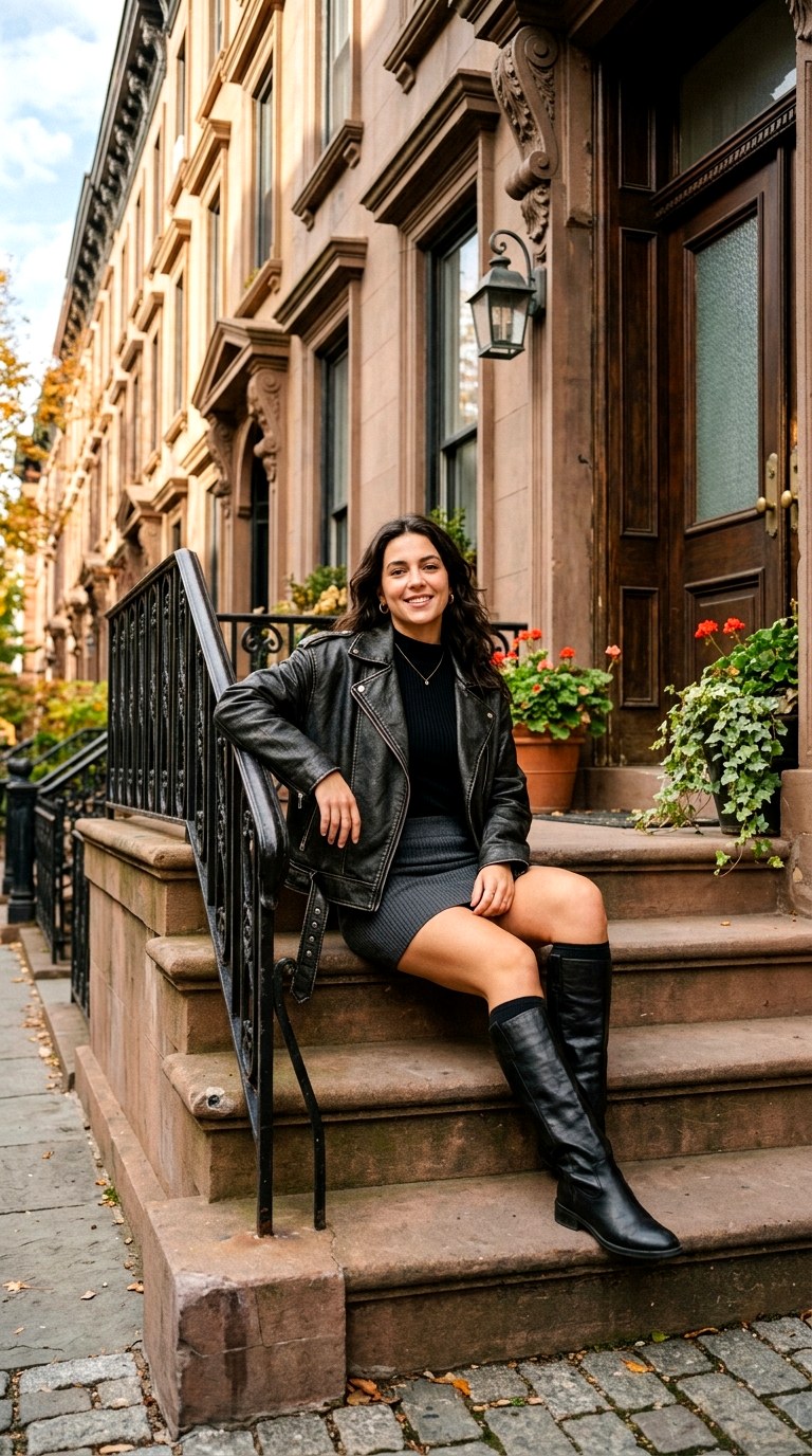 Mini Skirt and Knee High Boots - 27 oversized leather jacket outfits