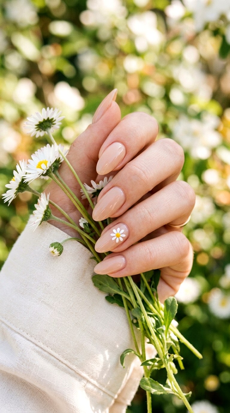 Minimal Daisy Accent Nails - 25 Minimalist Spring Nails That Look Elegant and Trendy