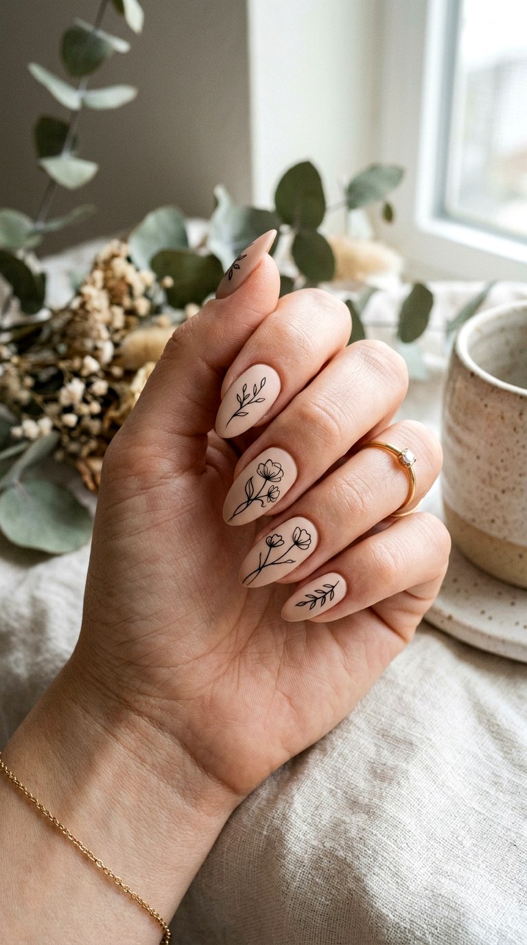 Minimal Floral Line Art Nails - 30 Floral Spring Nail Designs That Are Perfect for the Season