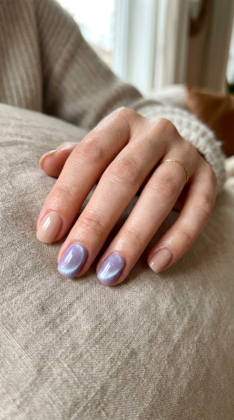 Minimal Lavender Cat Eye Accent Nails - 21  Summer Lavender Magnetic Cat Eye Nails Ideas