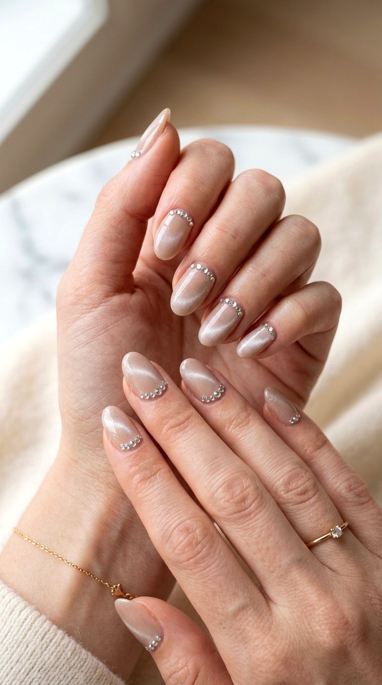 Minimal Nude Cat Eye with Tiny Gems - 20 Spring Nude Base Cat Eye Nails Ideas