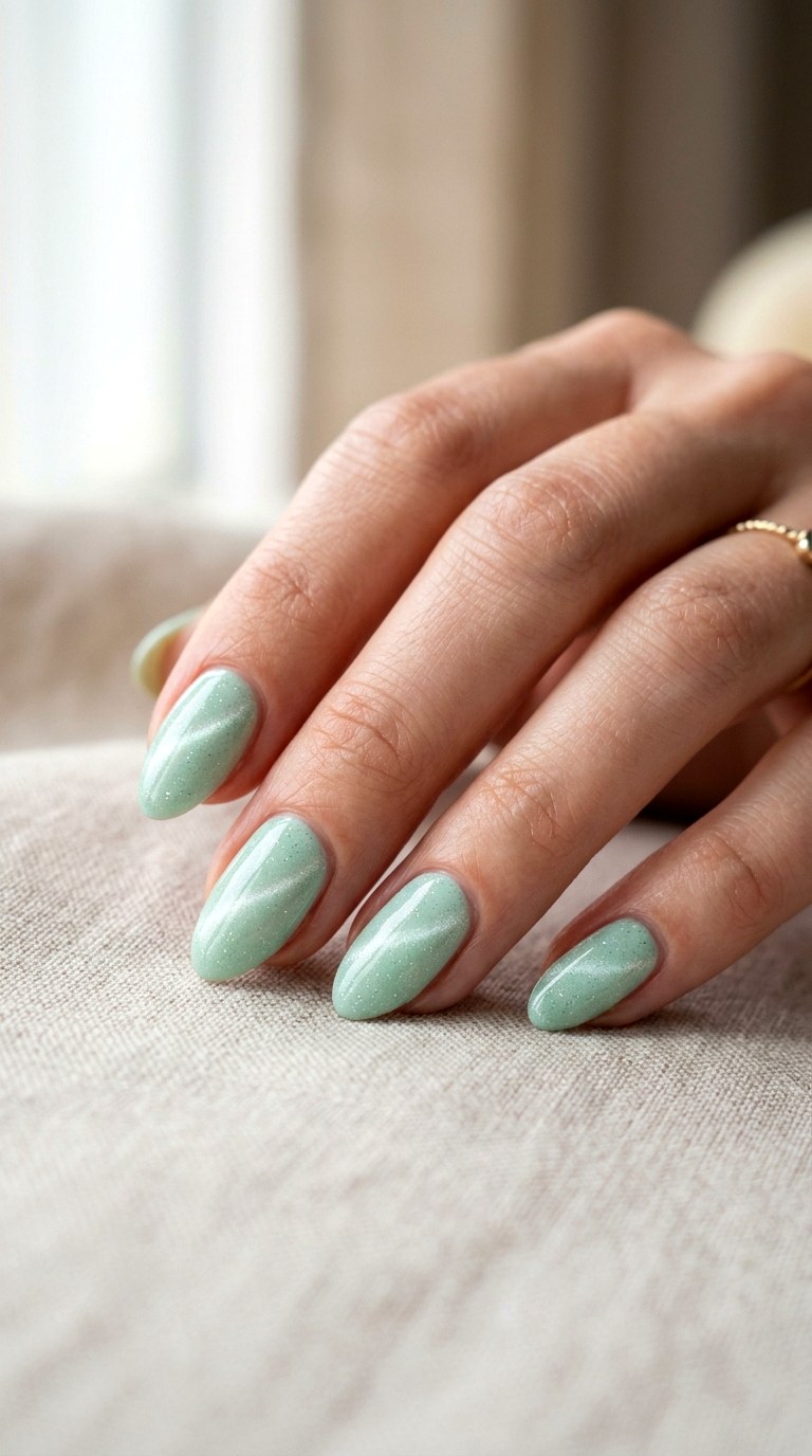 Minimalist Mint Cat Eye with Micro Glitter - 23 Summer Mint Green Cat Eye Nails with Sparkle Ideas