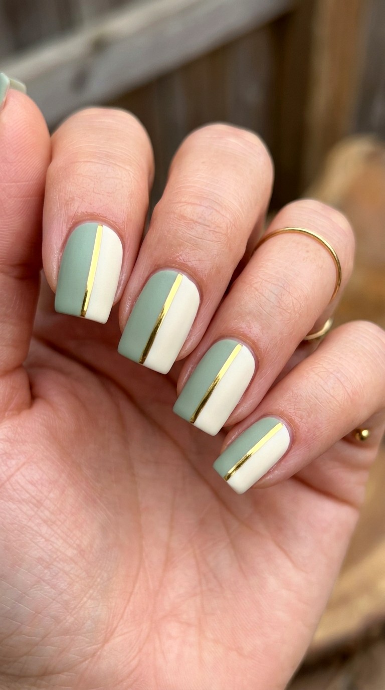 Minimalist Sage and Cream Split Lines - 23 Geometric Spring Two Colored Nails