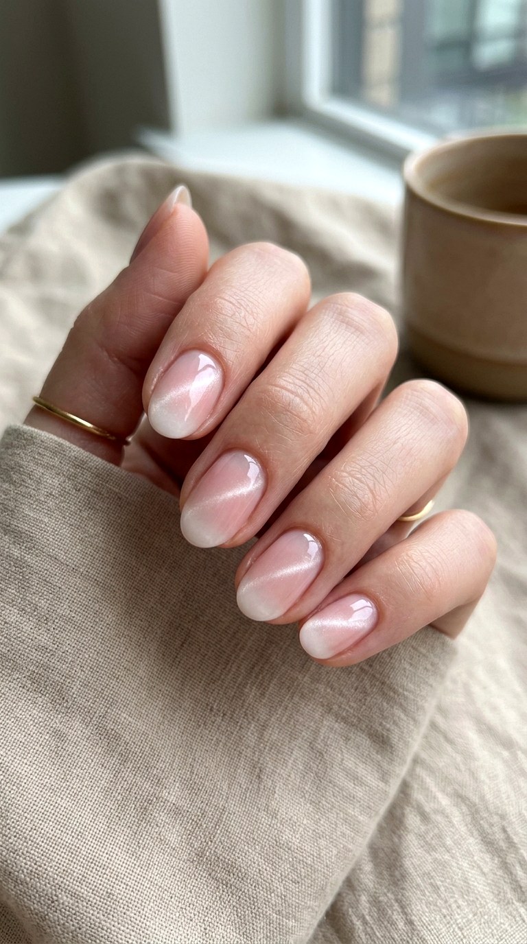 Minimalist Sheer Pink Gradient Cat Eye - 21 Summer Pink and White Gradient Cat Eye Nails Ideas