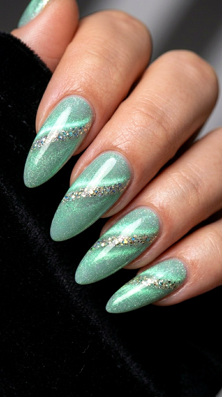 Mint Cat Eye with Glitter Cut Crease - 23 Summer Mint Green Cat Eye Nails with Sparkle Ideas
