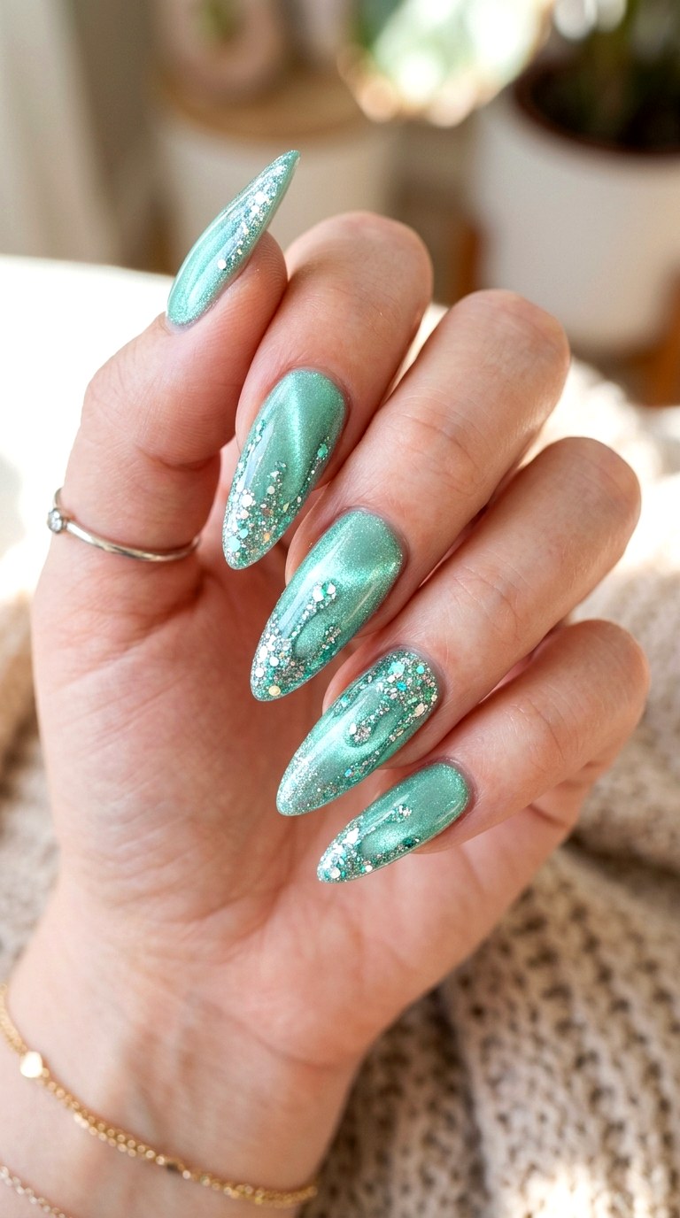 Mint Cat Eye with Glitter Drip Design - 23 Summer Mint Green Cat Eye Nails with Sparkle Ideas