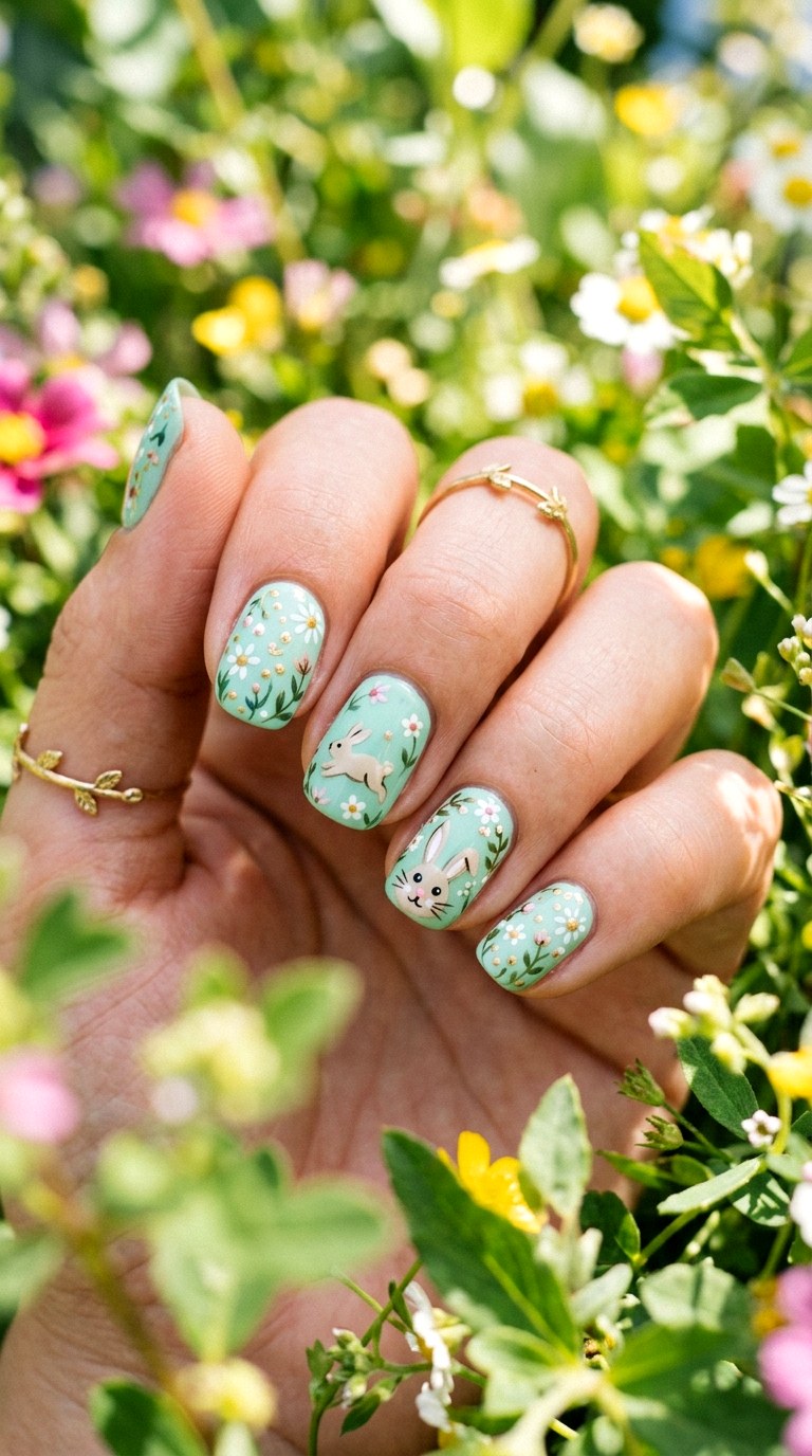 Mint Green Bunny Garden Nails - 26 Summer Pastel Bunny Cartoon Nail Ideas