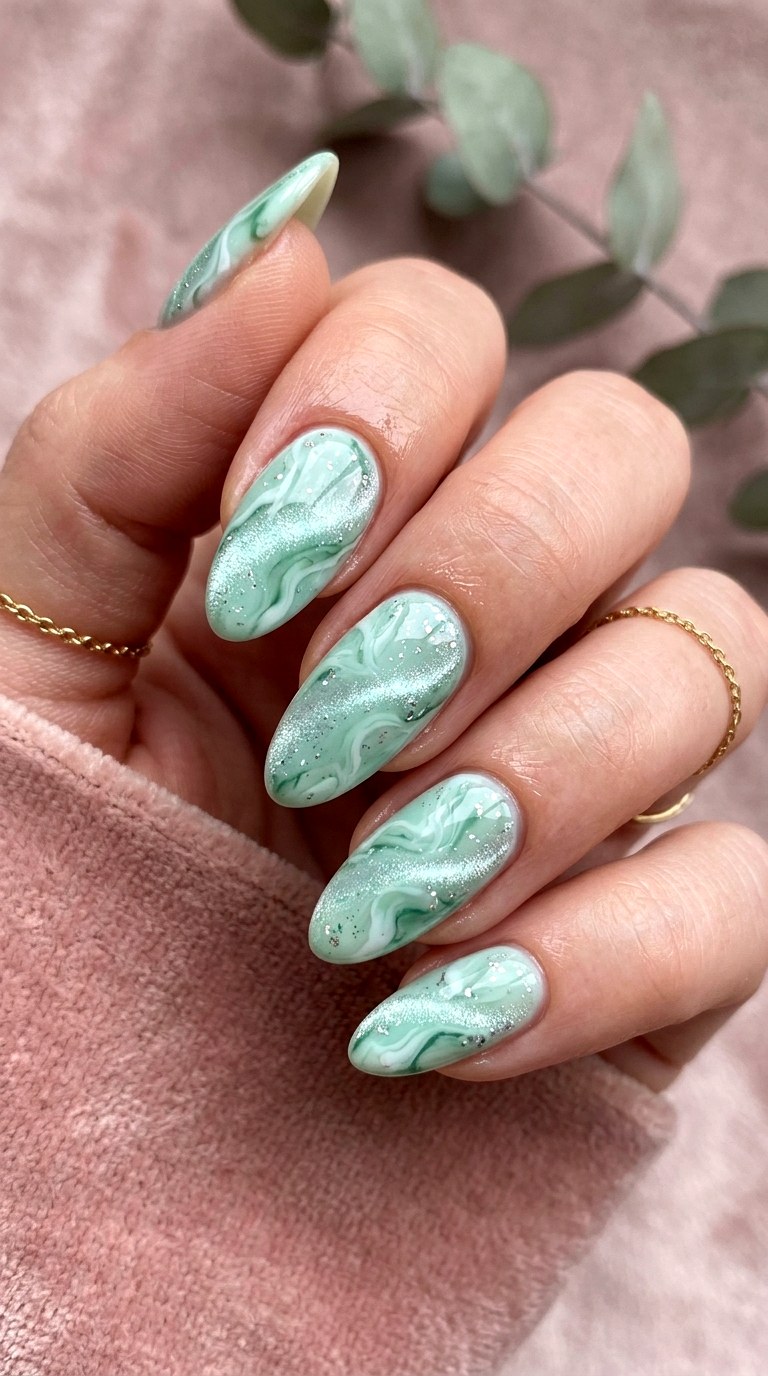 Mint Green Cat Eye Marble with Sparkle - 23 Summer Mint Green Cat Eye Nails with Sparkle Ideas