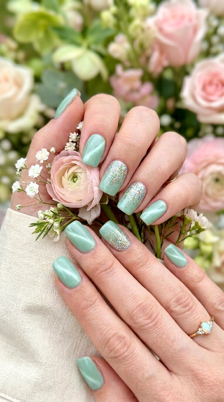 Mint Green Cat Eye with Accent Nail Glitter Burst - 20 Spring Mint Green Cat Eye Nails with SparkleIdeas