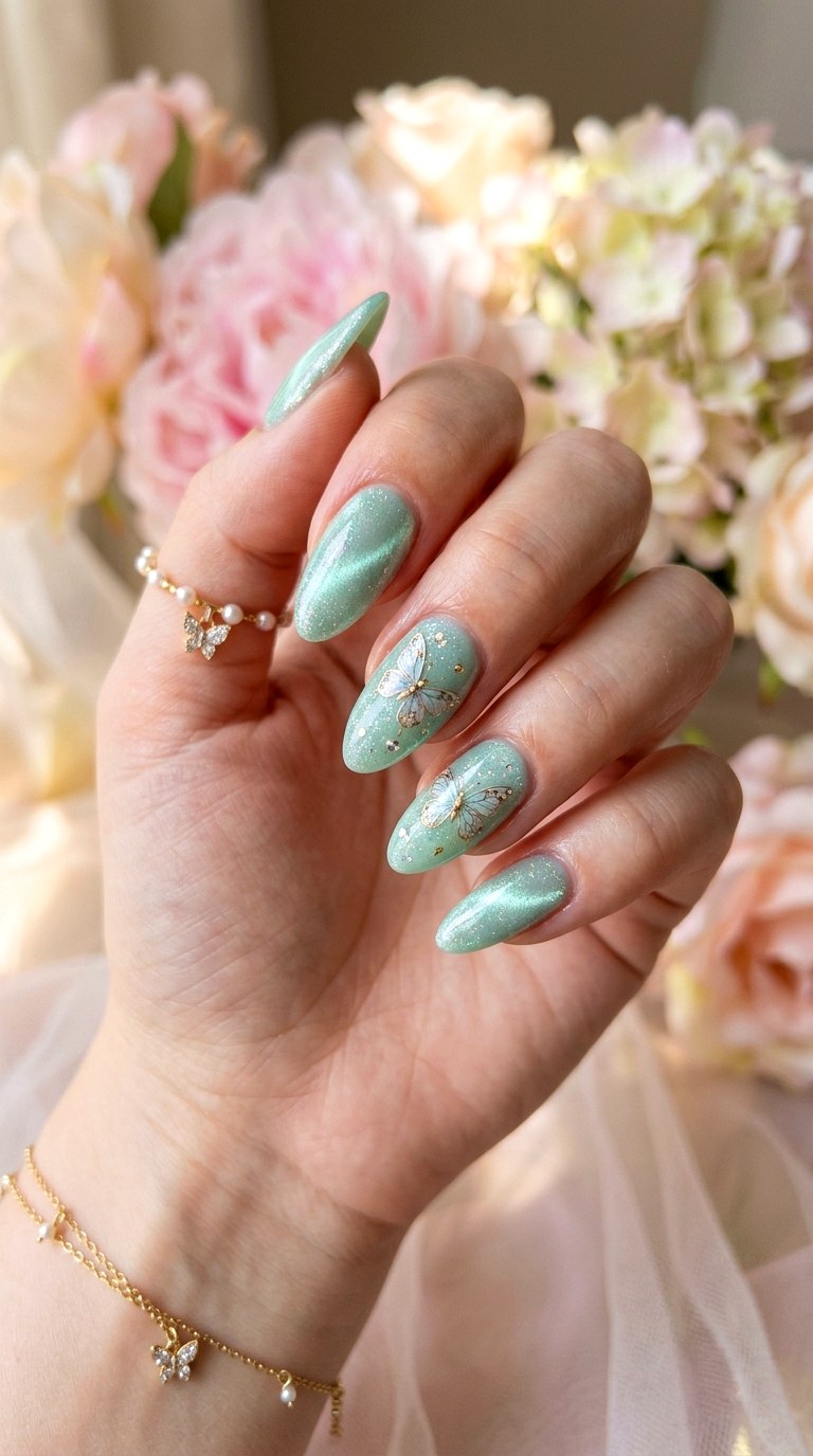 Mint Green Cat Eye with Butterfly Sparkle - 23 Summer Mint Green Cat Eye Nails with Sparkle Ideas
