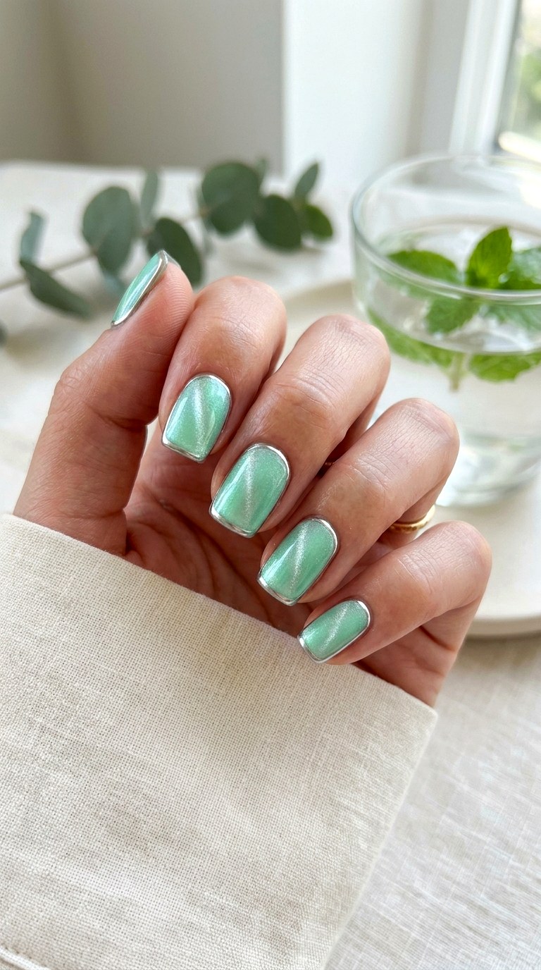 Mint Green Cat Eye with Chrome Edge Detailing - 22 Summer Chrome Outline Cat Eye Nails Ideas