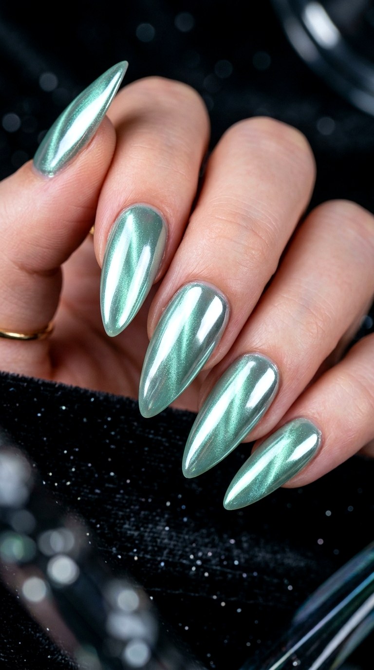 Mint Green Cat Eye with Chrome Sparkle - 23 Summer Mint Green Cat Eye Nails with Sparkle Ideas