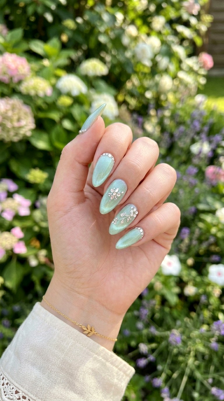 Mint Green Cat Eye with Crystal Flowers - 21 Summer Crystal Accent Cat Eye Nails Ideas